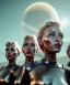 Placeholder: Ultra Realistic retro sci-fi movie scene, 1960 year, waist up view portrait, 3 clones blonde women, sweet young una Thurman face, perfect iris, glow eyes, face makeup. Mars and martians background, Retro sci-fi style, helmet, tight latex coat, fog, rain, soft color, highly detailed, unreal engine 5, ray tracing, RTX, lumen lighting, ultra detail, volumetric lighting, 3d, finely drawn, high definition, high resolution.