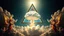 Placeholder: a nuclear explosion cloud(middle) framed from behind by a triangle of stained glass surrounded by radiant lines, the wind and smoke from the explosion forming shapes of dancing women with small angel wings(left and right foreground) like cherubs in the clouds, religiose art