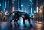 Placeholder: A full-length, experimental, prototype robotic dog walking down a futuristic city street, at night. 8k ultra detail, art styles of Mihailo and Pascal Blanché, sci-fi, futuristic background, Vibrant, eye-catching, intricate details, elaborate, 32k Portrait photography, UHD