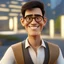 Placeholder: a portrait of smiling man. caricature. black rare hair. fair brown skin. black eye pupils. circle eyeglasses, thin gold frame. reverse oval face shape. white shirt with black vest. pixar style. 3D. 4k. portrait. highly detailed. sharp focus. high resolution. full color. cinema lighting