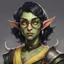 Placeholder: dnd, portrait of cute orc-elf hybrid femboy, black hair, short hair curled hair, hair covering one eye, round glasses, tusks, sharp teeth, yellow eyes, flat chest, mage