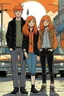 Placeholder: three people, two teenage brothers with ginger hair plus a teenage punk girl with dark hair, are standing in characteristic book cover-style poses. Three black cats walk with them. They are young amateur detectives. The town street with a white van in the background, a mysterious atmosphere