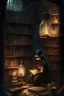 Placeholder: A dark dungeon, with a shelf with vintage bottles, and a young girl sitting on the floor, next to a lantern, studying old books