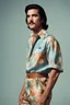 Placeholder: Elvis Presley with medium length bob-styled brown hair, a mustache, wearing a Hawaiian shirt and Bermuda shorts- well-lit, UHD, 1080p, professional quality, 35mm photograph by Scott Kendall