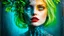 Placeholder: old retro photography, faded vignette, worn and cracked, double exposure, surrealism, blonde humanoid from another world, red lips, half body, greenish blue pale transparent glowing skin, plants growing out of head, tattoo, alien transparent eyes, hyperdetail, double exposure, Anna Razumovskaya, Anna Dittmann, Luis Royo, neo-impressionism, expressionism, oil painting. Vivid, detailed and textured brushstrokes reminiscent of Royo and Peter Coulson. Deep colors and dramatic lighting with cinematic