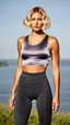 Placeholder: photography of a beautiful anorexic woman, grey satin triathlon top, sports illustrated, blond short wavy bob haircut, pronounced sternum, flat chest, anthracite cycling leggins