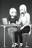 Placeholder: thin hacker girl use a laptop sitting next to other customers in a cafe, line arts, greyscale