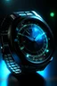 Placeholder: Generate an image of a frosted watch in a high-tech, futuristic environment. The watch should appear sleek and cutting-edge, with holographic displays and a cyberpunk aesthetic."