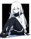 Placeholder: emotionless, numb, black and white, anime girl sitting with black background