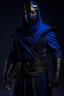 Placeholder: UDH, Masterpiece, Professional Photograph of 36 years old shadar-kai, warlock, dark blue and black outfit, black mask over mouth, black cowl, short sword, full body,