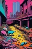Placeholder: painting of a cyberpunk colourful natural walkway rubbish on the street in the city with pollution and a small bridge by a creek with electric sheep and androids by andy warhol