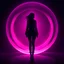 Placeholder: (silhouette:1.25),1 woman,dark background,blacklight,mid shot,full body,somber expression,looking down,dark energy,vibrant magenta,portal to another world,flat color,flat shading,ultra realistic,highres,superb,8k wallpaper,extremely detailed,intricate,limited palette,pink,