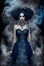 Placeholder: A mystic demonic woman with pale skin, big black eyes, dark blue hair, in a dress from smoke and grey lacy, wearing ancient tattos on her body, unique crepy person , Her captivating gaze, dark mystic background with a smoke man, Surreal scene with big smoke twist and curls that blur the line between reality and illusion, high detailed, sharp focus, masterpiece