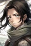 Placeholder: black long hair gray eyes cold gaze hair pulled back in a braid face sharp face beautiful in the form of scouts anima attack on titan