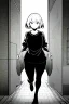 Placeholder: girl runs down the street, greyscale