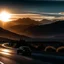 Placeholder: night time, a car driving from a city to the mountains, the sun rising in the distance, photo quality