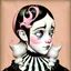 Placeholder: Storybook illustration of a Pierrot Clown, black and white with pink accents, Beardsely style, art nouveau elements, vintage drawing, pierrot vintage, black and white marble floor