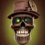 Placeholder: pixar cartoon grumpy skull with intricate steampunk hat, full shot, confused eyes, realistic eyes, beautiful perfect symmetrical face, extremely detailed, ultra hd, hdr, 8k, cinematic, dramatic lighting, Stanley Artgerm Lau style, beautifully color-coded,studio Portrait Lighting, illuminated face, golfers hat, hair sticking out of hat, plain black background, no gradient color