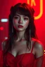 Placeholder: A cyberpunk portrait of beautiful young girl with red dress with a red light reflecting in their cybernetic enhancements.red background all are red