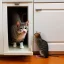 Placeholder: cat finds mouse under cupboard