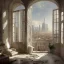 Placeholder: Living room with a big full wall window view on mediterranean Metropolis , white Beaux Arts architecture,interior design,point of perspective,by Jean Baptiste Monge, Epic cinematic, brilliant stunning, intricate, meticulously, detailed, dramatic atmospheric, maximalist digital matte painting