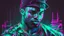 Placeholder: Hyper Realistic Glitched Sketch of Muscular Handsome Male Hip Hop Artist on a neon paper with dark futuristic background