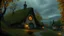 Placeholder: a illustration by James Gilleard of lonely in-hill hobbit house in Shire, Hobbiton, Middle-Earth, old town, lord of the rings movie :: autumn, thunderstorm, grey sky, rain, wind, hurricane, late evening, yellow leaves, (evening:1.5), streetlights :: hobbit village, round doors, round windows :: underhill houses covered by falen leaves and flowers, fireflies, traditional hobbit architecture, hobbit scene painting :: a storybook illustration by James Gilleard, behance contest winner, 2d game art,