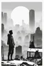Placeholder: man, standing, silhouette, comic book,post-apocalypse, white background,