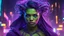 Placeholder: realistic portrait of miss hulk A radiant and ethereal cyberpunk girl shrouded in vibrant veils, her form intertwined with luminescent crabs composed of violet light and smoky purple hues. She is adorned with futuristic neon wires and intricate cyberpunk jewelry, her translucent layers billowing in an unseen breeze, casting a surreal, dynamic glow against the backdrop of a gritty, neon-lit metropolis.