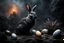 Placeholder: dark fantasy land with mystic, fog, deep cloros, burning landscape with mist, dark fantasy plants, silver and onix crystal eggs lying in sand, pale lights, rocks, weird surreal big dark rabbit-bird mutants, dark fantasy mood, sureal, high quality, high contrast, cinematic, atmospheric, weird mood