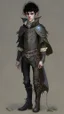 Placeholder: boy elf,he has curly, black hair and sharp cheekbones. His eyes are black. He wears fantasy medieval clothes. he is lean and tall, with pale skin, full body with boots, side view full body