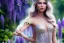 Placeholder: Fantasy cute elf with transparent wings, smiling, make up, long blond platinum hair, blue eyes, crown, beautiful dress, wisteria flowers and mushrooms in background, HQ, high key lighting, volumetric light high details