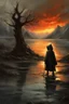 Placeholder: A formidable warrior-a 10-year-old boy in a black robe with a hood, on the background Amazing gloomy landscape, flooded with sunset, mountains, trees, fabulous scary hero, , juicy emotions, painting, dark fantasy, bad weather, gloomy day, dark world, by Raymond Swanland & Alyssa Monks & Anna Razumovskaya