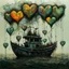 Placeholder: Abstract mixed media kintsugi art in intricately detailed and textured Seth Apter, Ernst Haeckel, Peter Wileman and John Hoyland style: "Fishing flying mantarays, fisherboat carried by heart-shaped balloons, overgrown with foliage and dangling vines, in an enchanted, magical, misty caribbean seascape, with colourful Yayoi Kusama textures, rainbow bubbles, in the clouds." Contemporary Art, incorporating collage and graphic shapes, with figurative and enchanted, mystical elements. By Susanne.
