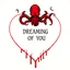 Placeholder: Valentine day card with an illustration of red Lovecraftian Cthulhu inside a heart shape over blank negative space, text "DREAMING OF YOU" in a bleeding font, professionally made luxury Halmark Card