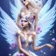 Placeholder: Fantasy fairy with transparent wings, smiling, make up, long platinum blond hair with crown and flowers, blue dress, flower background