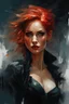 Placeholder: muscular stunning tall russian woman 24yo with red hair pulled back, in a Halloween pinup poster : dark mysterious esoteric atmosphere :: digital matt painting with rough paint strokes by Jeremy Mann + Carne Griffiths + Leonid Afremov, black canvas
