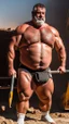 Placeholder: close up photography of a 58-year-old Italian man , strong burly chubby sweat, maneuvers a large excavator in a construction area under the sun, shirtless with safety vest and white see through mesh underwear, opened big legs, backide, looking forward, big belly, curly beard, ambient occlusion, frontal view, 4k, view from the bottom