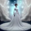 Placeholder: model shoot style, digital art zoomed out portrait of (Princess Leia) ((dressed in white and off white gown)), surrounded by a bulk of planets, ultra-detailed, ultra quality, ((official character art)), (dark fantasy), illustration, eerie atmosphere, 8k, cinematic lighting, bokeh