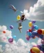 Placeholder: Ultra realistic speed clouds sky scene, wide angle view, sweet men falling down, Childs, feather inflatable color clothing, free jumping flying, many trinkets, hair monster, many jelly beans, balls, color smoke, smile, happy, circus style, extreme, wind, clouds sea, 20,000 feet altitude, stratosphere, soft color, highly detailed, unreal engine 5, ray tracing, RTX, lumen lighting, ultra detail, volumetric lighting, 3d, finely drawn, high definition, high resolution.