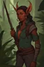 Placeholder: A DnD character. A female horned Tiefling ranger with pointy ears standing in a jungle. The Tiefling has a little pterosaurs on her shoulder and a rapier in her hand.