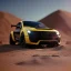 Placeholder: 3d rendering. futuristic black yellow car. Buried in desert sand. Lost in Time, cinematic lighting