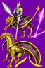 Placeholder: medieval Knight in golden jeweled armor vs dragon, violet color, high detail, sorcery, sparks, mechanical, plasma, treasure, weapons, slithery, legendary