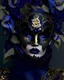 Placeholder: A beautiful frosty voidcore shamqnism decadent vantablack iris and gqrden pansy floral headdress adorned beautiful young woman wearing etherialism goled filigree black iris and gqrden pqnsy peatals and rdaisy and iris leaves embossed ornated costume ahd metallic filigree botanical Golden glittering half face. Masque organic bio spinal ribbed detail of metallic filigree vantablack background extremely detailed hyperrealistic maximálist concept art