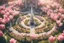 Placeholder: Top view of a cute elf village in the middle of a tulip blossom, shops, park, fountain, elves, in sunshine, ethereal, cinematic postprocessing, bokeh, dof