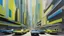 Placeholder: retro futurism style hustle and bustle, loop kick, (deconstruct:43), urban canyon, centered, great verticals, great parallels, hard edge, colors of metallic chartreuse and metallic steel blue