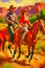 Placeholder: Oil painting of a cowboy and a woman riding horses