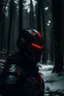 Placeholder: a strong warrior wearing futuristic sci fi helmet, black futuristic armor, glowy red visor, covered face, distant shot, adobe lightroom cinematic filter, snowy forest scene
