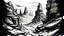 Placeholder: Canyon landscape with book art integrated into the rock formations, winter scene, snow-covered ledges, overcast sky, cold atmosphere., Generates an image in the style of Alfred Freddy Krupa: contemporary ink painting, influences of Eastern ink art and Western expressionism, dynamic and gestural lines, expressive use of negative space, themes of nature and the human figure, minimalist and evocative compositions, a sense of spontaneity and fluidity., The style is dramatic with Dutch lighting for b