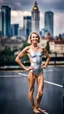 Placeholder: beautiful anorexic ukrainian woman, total shot, shiny silver triathlon swimsuit, short blond wavy bob hair, blurred city background, smiling